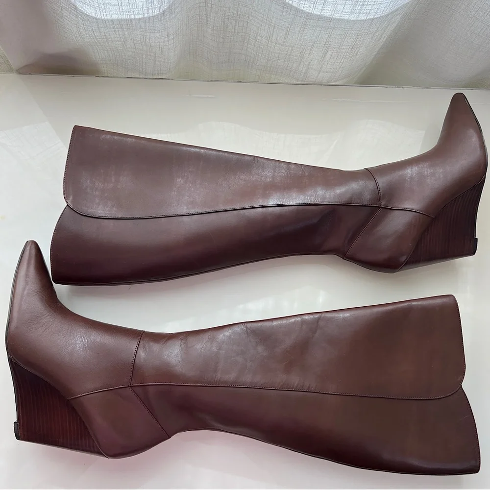 Nine West Sz 7 Varin Wide Calf Brown Leather Wood Wedge Knee High Boots - Picture 1 of 15